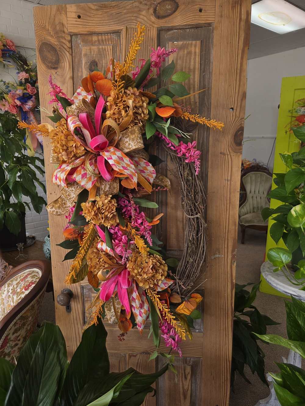 Pink and Orange Grapevine Floral Wreath with Gold Accents